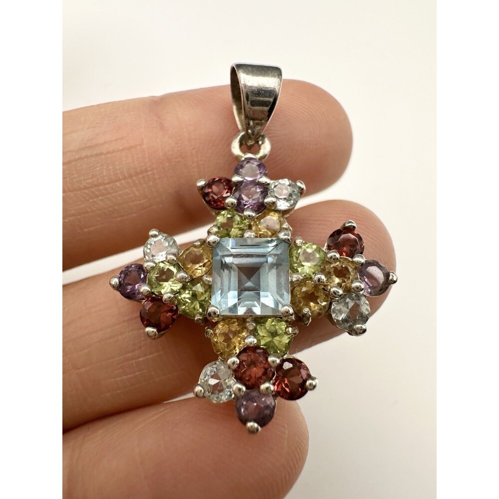 925 Sterling Silver Multi-Gemstone Cross Pendant Topaz Garnet Peridot Citrine